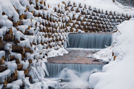 A wall of logs encloses a small stream in the forest near bare treesの写真素材