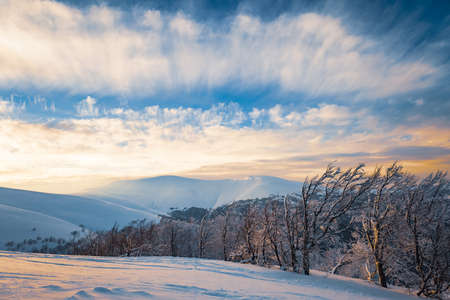 Beautiful view of the ski slope on a sunny winterの写真素材