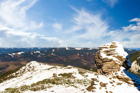 Landscapes of the Carpathian Mountains, covered with large stone ledges in Ukraine, near the village of Dzembronyaの写真素材