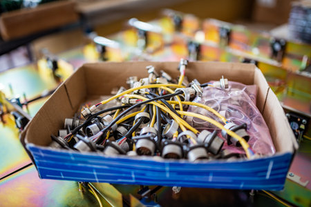 Connecting cords with metal plugs for contemporary TFT monitors in cardboard box in production plant...