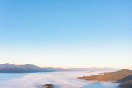 Thick layer of fog covering high mountains with terracotta and green trees growing under bright blue cloudless sky panorama viewの写真素材