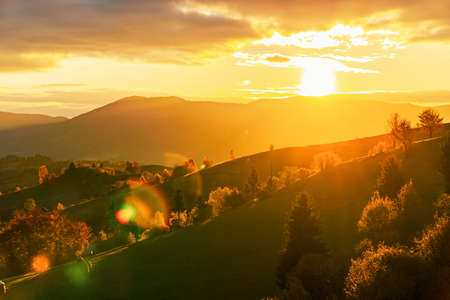 Grassy slopes with lush trees growing in highland against distant giant forestry mountains in autumn at sunset under cloudy skyの写真素材