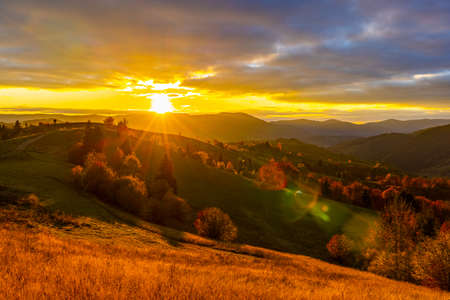 Grassy slopes with lush trees growing in highland against distant giant forestry mountains in autumn at sunset under cloudy skyの写真素材