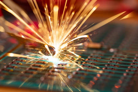 Microcircuit for TFT with wires sparkles with electric sparksの写真素材