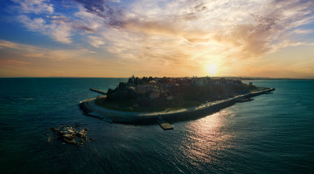 Bird's eye view panorama of the small spring green town of Nessebar with historic ancient European...