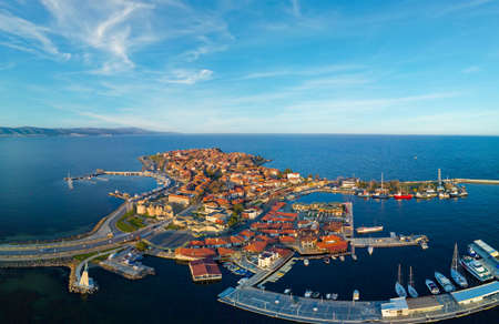 Bird's eye view panorama of the small spring green town of Nessebar with historic ancient European...