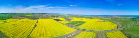 Panorama of bright flowering fields with yellow spring plant in mountain and meadow valley against backdrop of small empty old village and cloudy blue daytime sky, in warm southern country of Bulgariaの写真素材