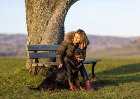 A woman sits on a bench and hugs a Rottweiler on a hill in the morningの写真素材