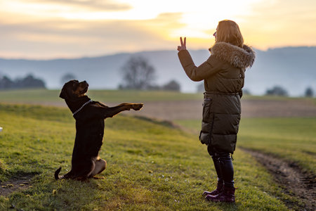 The owner trains the Rottweiler on an evening walkの写真素材