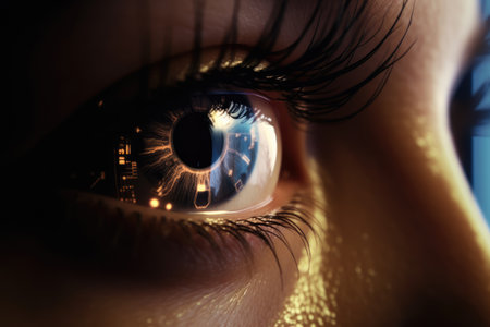 A beautiful close-up of a person's eye fills the frame in this photo, with a computer-generated overlay of digital information and graphics reflecting in the pupil. Generative AIの素材