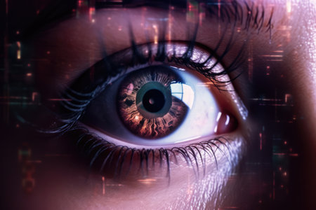 A beautiful close-up of a person's eye fills the frame in this photo, with a computer-generated overlay of digital information and graphics reflecting in the pupil. Generative AIの素材