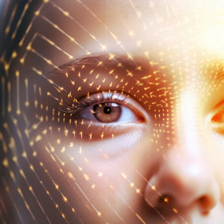 A beautiful close-up of a person's eye fills the frame in this photo, with a computer-generated overlay of digital information and graphics reflecting in the pupil. Generative AIの素材