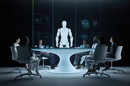 realistic photo of featuring a diverse group of business executives seated at a sleek, with a humanoid robot standing at the head of the table. The robot appears to be leading the meeting. Generative AIの素材