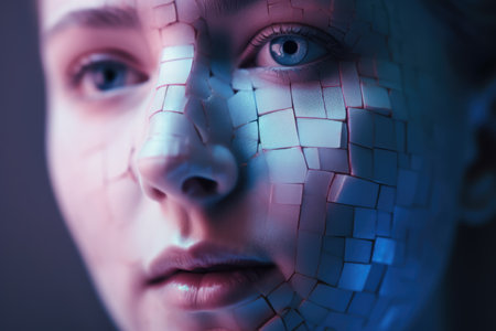 This gorgeous photo captures a person's face bathed in soft, natural light. The use of computer vision technology to analyze and identify the person's face adds a layer of complexity and sophistication. Generative AIの素材