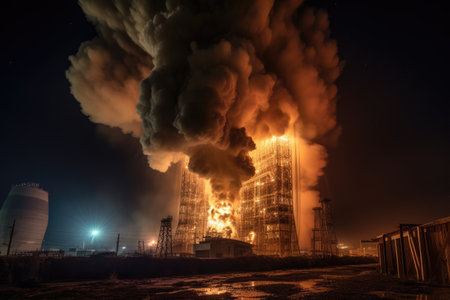 View of Big explosion and fire on power plant at night, with its bright lights and glowing smokestacks creating an eerie, almost otherworldly glow. Generative AIの素材