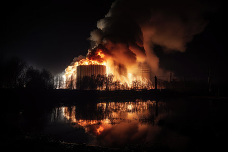 View of Big explosion and fire on power plant at night, with its bright lights and glowing smokestacks creating an eerie, almost otherworldly glow. Generative AIの素材