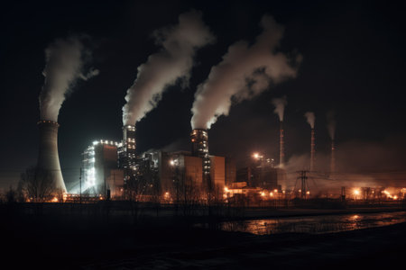 Coal-fired power plant at night, with its bright lights and glowing smokestacks creating an eerie, almost otherworldly glow. The plant appears both beautiful and ominous, with its massive size and raw power on full display. Generative AIの素材