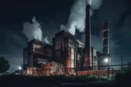 Coal-fired power plant at night, with its bright lights and glowing smokestacks creating an eerie, almost otherworldly glow. The plant appears both beautiful and ominous, with its massive size and raw power on full display. Generative AIの素材