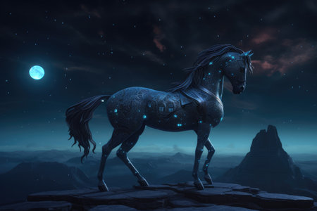 Magical essence of a wild horse in a fantastic and dreamlike setting. Against a stunning backdrop of blue skies, clouds, and shining stars, the mare with its spiraled horn represents a unique and mythical creature, a symbol of legend and fairy tale. Generative AIの写真素材