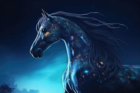Magical essence of a wild horse in a fantastic and dreamlike setting. Against a stunning backdrop of blue skies, clouds, and shining stars, the mare with its spiraled horn represents a unique and mythical creature, a symbol of legend and fairy tale. Generative AIの写真素材