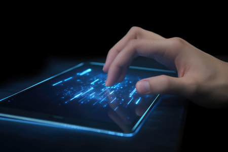 Close-up of hand holding a smartphone with a magic screen, symbolizing the ubiquitous presence of digital technology in our lives. Generative AIの写真素材