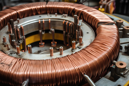 Intricate and precise design of an copper powerful motor. The round, toroidal stator are meticulously wrapped in copper wire, creating a visually stunning background. Generative AIの素材