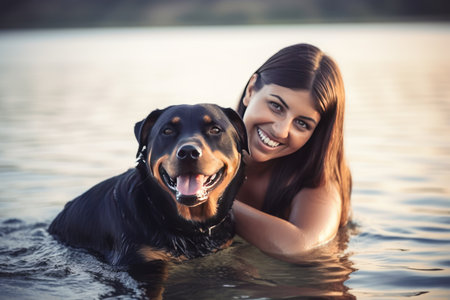 Young woman enjoying a beautiful summer day at the beach with her rottweiler. The natural scenery of the shore and park add to the beauty of the moment, as they enjoy the outdoors and the pure happiness of being together. Generative AIの写真素材