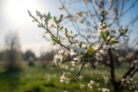 This photo captures the stunning beauty of spring with blooming cherry blossom trees against a sunny blue sky. The delicate pink petals of the sakura flowers create a colorful and natural background, perfect for a refreshing and bright design. Generative AIの素材