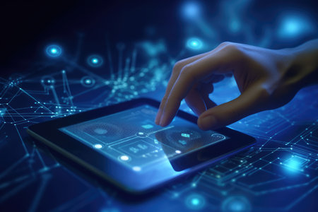 Close-up of hand holding a smartphone with a magic screen, symbolizing the ubiquitous presence of...