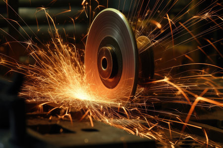 Worker in an industrial setting, using a grinder to cut and shape a piece of metal. The sparks flying from the grinder add an element of danger and excitement to the scene, highlighting the technical skill and precision required for metalworking. Generative AIの写真素材