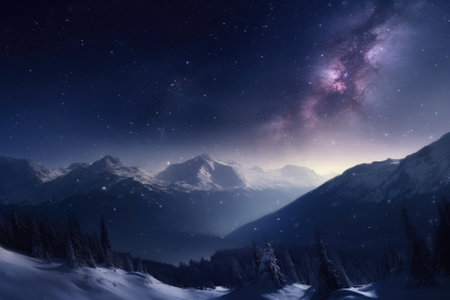 Winter scene with a majestic mountain peak, a star-filled sky, and the ethereal beauty of a nebula and comet. The combination of natural and cosmic elements creates a magical and otherworldly atmosphere, perfect for adventurers and stargazers alike. Generative AIの写真素材