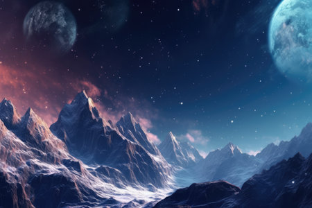 Winter scene with a majestic mountain peak, a star-filled sky, and the ethereal beauty of a nebula and comet. The combination of natural and cosmic elements creates a magical and otherworldly atmosphere, perfect for adventurers and stargazers alike. Generative AIの素材 [FY310203176869]