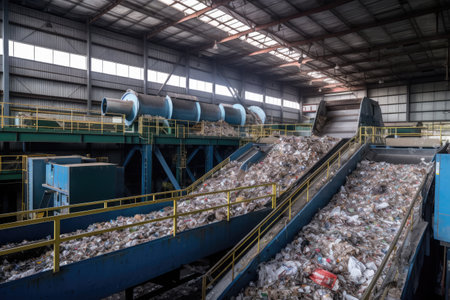 A beautiful, modern photograph on the theme of waste recycling could depict a facility where waste is sorted and processed for reuse, with workers and machinery operating in harmony to reduce waste and preserve the environment. Generative AIの素材