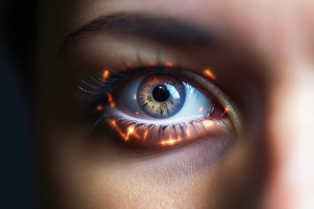 A beautiful close-up of a person's eye fills the frame in this photo, with a computer-generated overlay of digital information and graphics reflecting in the pupil. Generative AIの素材