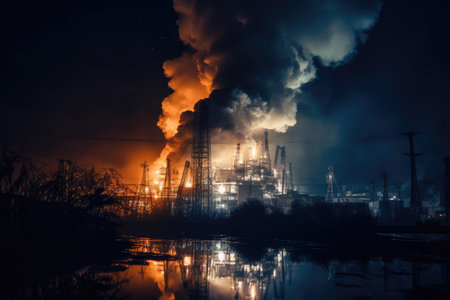 View of Big explosion and fire on power plant at night, with its bright lights and glowing smokestacks creating an eerie, almost otherworldly glow. Generative AIの素材