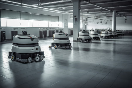 Team of robotic cleaners can be seen working together to clean a large commercial space. The robots move in unison, effortlessly gliding across the floor and leaving it sparkling clean. Generative AIの写真素材