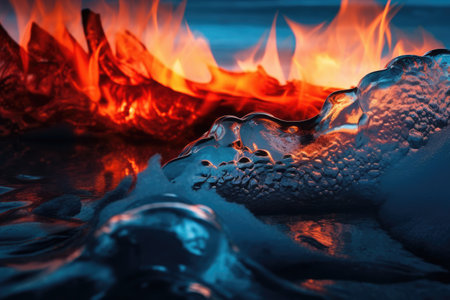 A beautiful background photo that showcases the contrast between fire and ice. The fiery tones of the flames juxtaposed with the cool blue hues of the ice create a stunning visual display. Generative AIの素材
