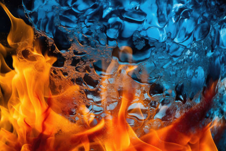 A beautiful background photo that showcases the contrast between fire and ice. The fiery tones of the flames juxtaposed with the cool blue hues of the ice create a stunning visual display. Generative AIの素材