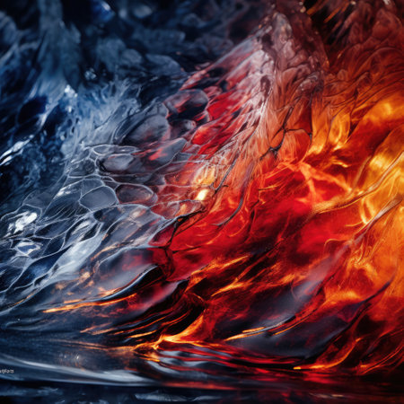 A beautiful background photo that showcases the contrast between fire and ice. The fiery tones of the flames juxtaposed with the cool blue hues of the ice create a stunning visual display. Generative AIの素材