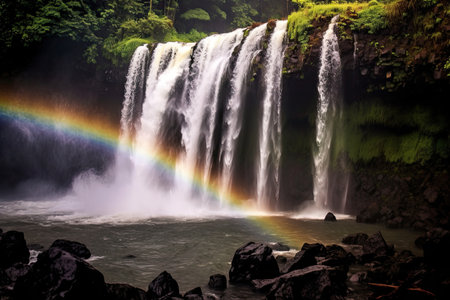Majestic combination of a waterfall and a vibrant rainbow. Generative AIの素材