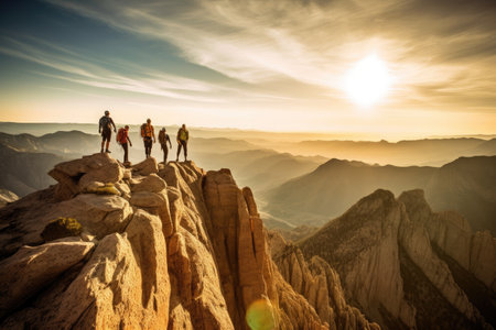 A team of climbers at the top of a high mountain in the light of the setting sun.の素材