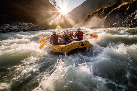 Rafting on a fast powerful mountain river. Generative AIの素材