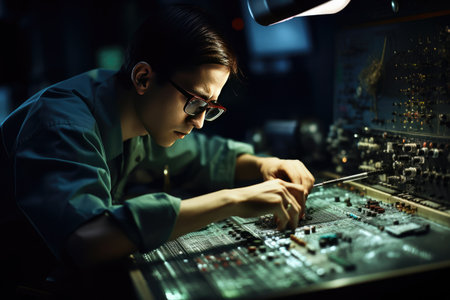 Radar technician working on a complex array of electronic components, with a glowing display screen showing the results of radar sweeps. Generative AIの素材