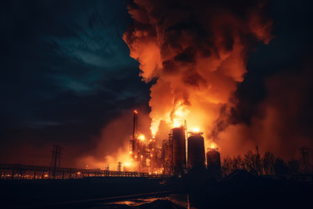 View of Big explosion and fire on power plant at night, with its bright lights and glowing smokestacks creating an eerie, almost otherworldly glow. Generative AIの素材