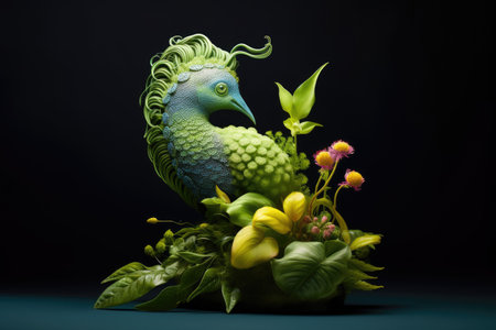 Green peacock statue with flowers on a dark background, studio shotの素材