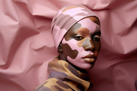 Beautiful african american woman in camouflage bandana on pink backgroundの素材