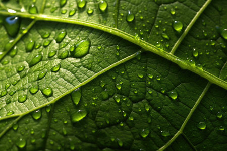Texture of green leaves with dew droplets. Generative AIの素材