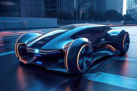 Advancements in autonomous technology as the self-driving car gracefully navigates the road, creating a sense of innovation and a glimpse into the future of transportation. Generative AIの素材