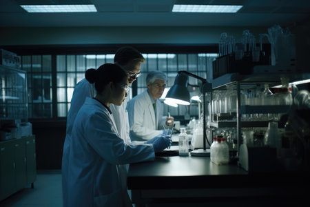 A photograph of a team of scientists working in a laboratory, carefully conducting experiments and analyzing data. The image captures the precision and attention to detail required in scientific research, Generative AIの素材