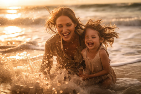 This beautiful and atmospheric photograph captures a heartwarming moment between a mother and her daughter as they playfully splash in the sea. Generative AIの素材